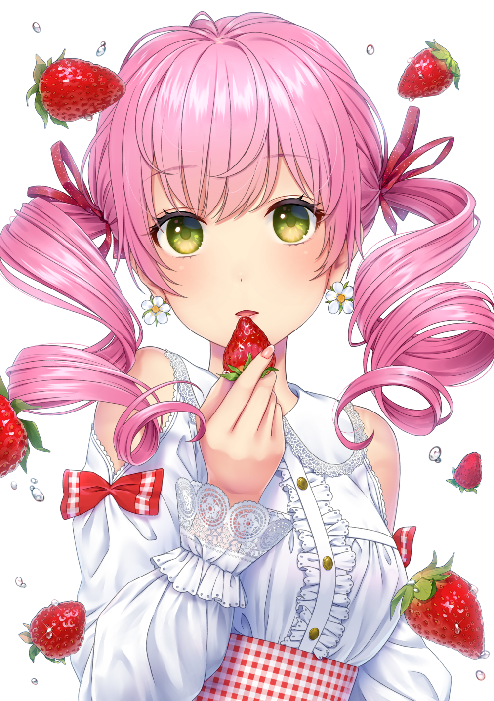 1girl bangs blush center_frills collared_shirt commentary_request daidai_jamu dress_shirt drill_hair eyebrows_visible_through_hair flower food frills fruit gingham green_eyes hair_between_eyes hair_ribbon hand_up high-waist_skirt highres holding holding_food long_sleeves looking_at_viewer original parted_lips pink_hair puffy_long_sleeves puffy_sleeves red_ribbon red_skirt ribbon shirt shoulder_cutout skirt solo strawberry twin_drills twintails water_drop white_flower white_shirt