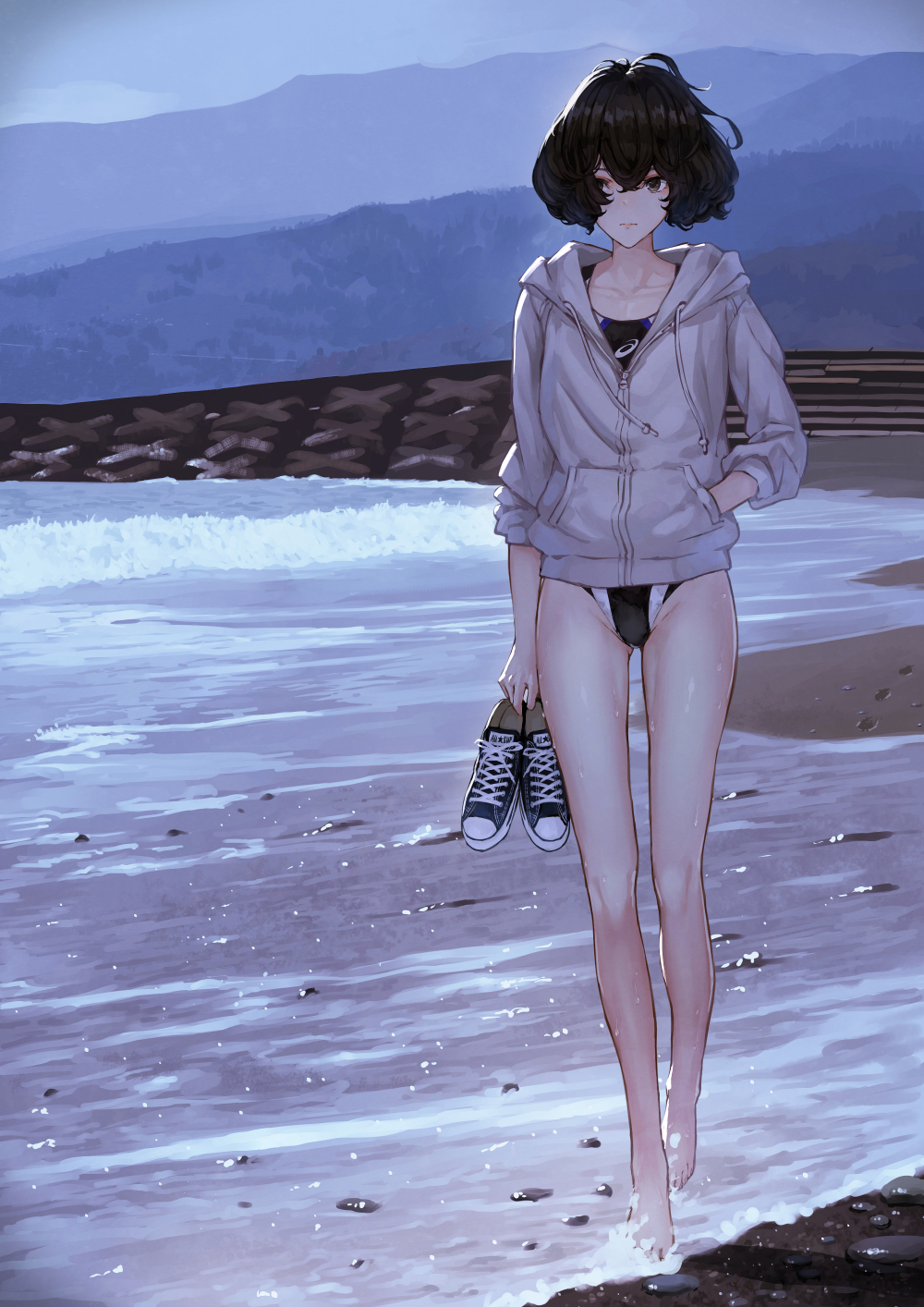 1girl arm_at_side barefoot beach black_hair brown_eyes closed_mouth collarbone competition_swimsuit day eyebrows female footprints full_body grey_hoodie groin hand_in_pocket highres holding hood hoodie looking_at_viewer mountainous_horizon ocean one-piece_swimsuit original outdoors shoes shoes_removed short_hair sneakers solo stairs swimsuit swimsuit_under_clothes yasukura_(shibu11)