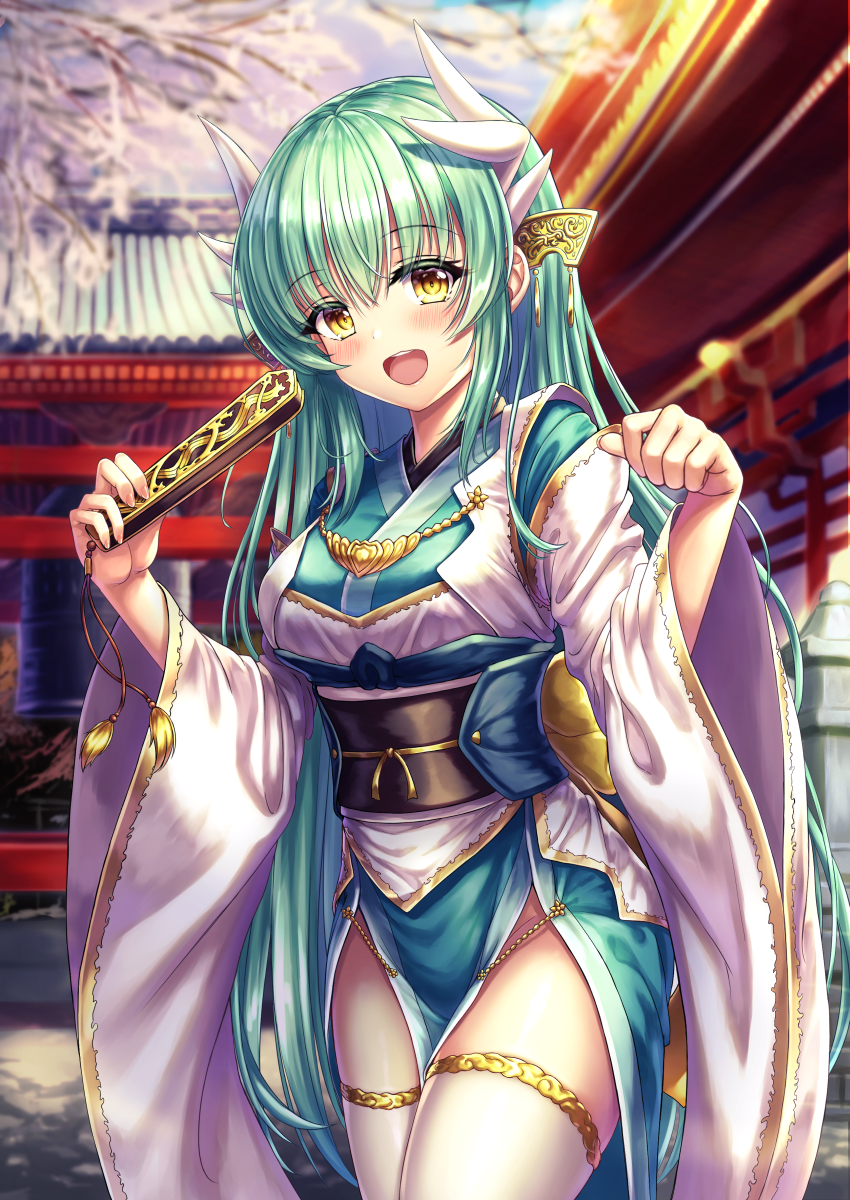 1girl aqua_hair aqua_kimono architecture bell breasts cowboy_shot dragon_girl dragon_horns east_asian_architecture fan fate/grand_order fate_(series) folding_fan highres holding holding_fan horns japanese_clothes kimono kiyohime_(fate/grand_order) long_hair medium_breasts obi open_mouth outdoors pelvic_curtain sash solo thigh-highs tooru_(pixiv12953962) white_legwear wide_sleeves yellow_eyes