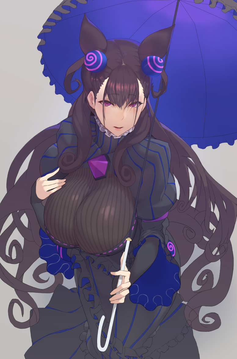 1girl bangs black_dress blush breasts brown_hair double_bun dress fate/grand_order fate_(series) frills grey_background hair_between_eyes hair_ornament large_breasts long_hair long_sleeves looking_at_viewer mirukia murasaki_shikibu_(fate) open_mouth parted_lips puffy_sleeves simple_background solo umbrella very_long_hair violet_eyes