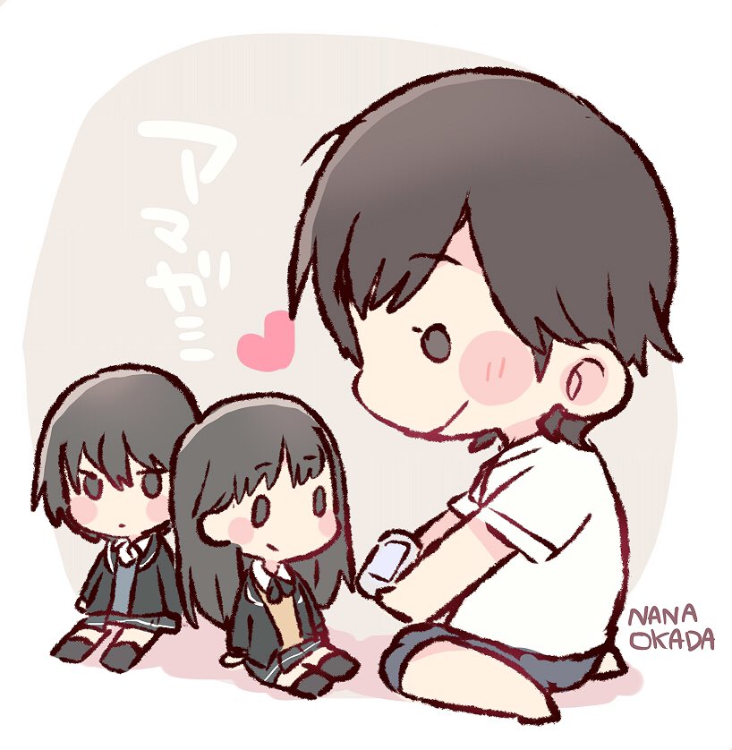 1girl akb48 amagami black_eyes black_hair black_jacket black_skirt blush character_doll character_name character_request chibi commentary_request copyright_name handheld_game_console heart holding jacket okada_nana playstation_portable real_life shirt short_sleeves sitting skirt smile solo taneda_yuuta wariza white_shirt