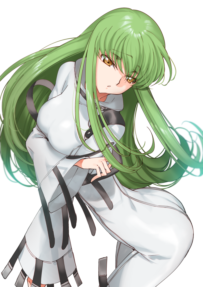 1girl ass back bangs breasts brown_eyes c.c. code_geass creayus eyebrows_visible_through_hair green_hair long_hair medium_breasts parted_lips simple_background solo straitjacket white_background