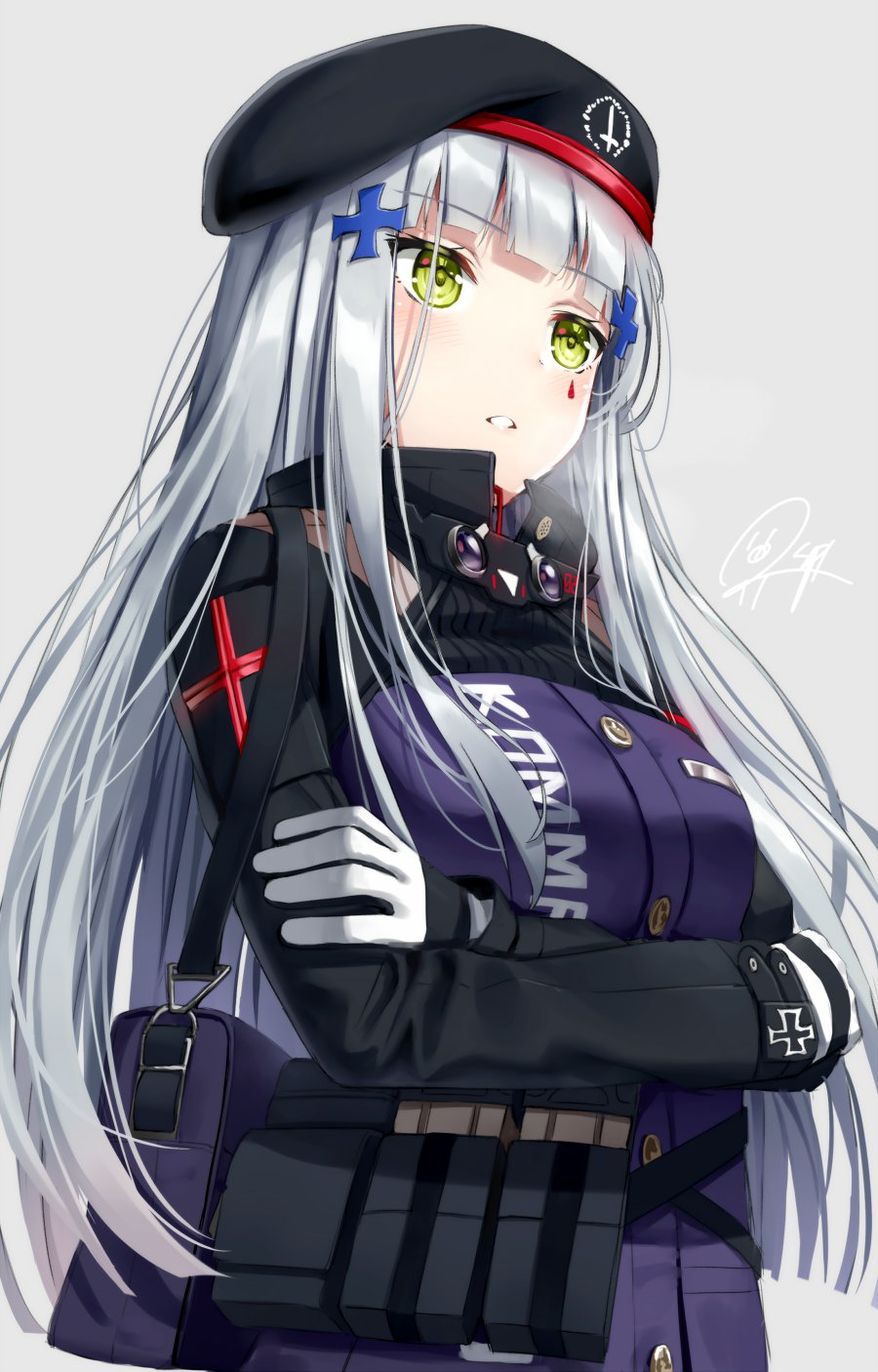 1girl bag bangs beret blunt_bangs blush breast_pocket breasts buttons clothes_writing commentary crossed_arms eyebrows_visible_through_hair facial_mark girls_frontline gloves green_eyes grey_background hair_ornament hat highres hk416_(girls_frontline) jacket long_hair long_sleeves magazine_(weapon) medium_breasts parted_lips pocket pouch shoulder_bag signature silver_hair simple_background solo superpig teardrop upper_body very_long_hair