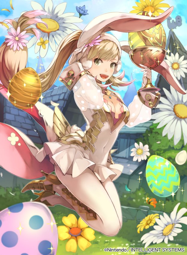 1girl animal_ears blonde_hair blue_sky breasts bunny_tail cleavage cleavage_cutout company_name copyright_name day dress earmuffs easter_egg egg fake_animal_ears fake_tail fire_emblem fire_emblem_cipher fire_emblem_heroes flower full_body gloves grail grass green_eyes high_heels holding kurosawa_tetsu long_hair medium_breasts nintendo official_art open_mouth outdoors ponytail rabbit_ears see-through sharena short_dress sky solo tail white_gloves white_legwear