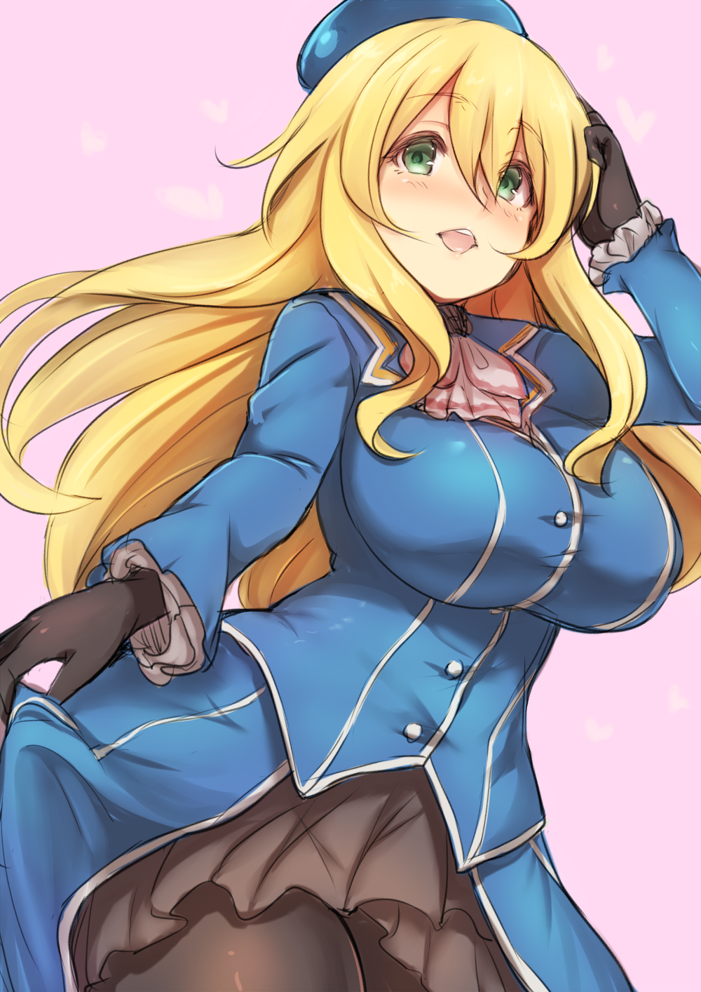1girl atago_(kantai_collection) beret black_gloves blonde_hair blue_headwear blush breasts eyebrows_visible_through_hair gloves gradient green_eyes hair_between_eyes hat highres kantai_collection large_breasts long_hair military military_uniform mogera81 open_mouth pantyhose skirt smile solo uniform
