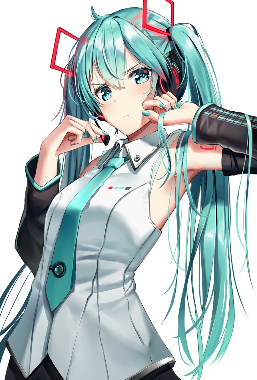 1girl black_skirt blue_eyes blue_hair blue_nails blue_neckwear blush closed_mouth detached_sleeves eyebrows_visible_through_hair hatsune_miku headset highres long_hair looking_at_viewer nail_polish necktie pouty_lips simple_background skirt solo superpig twintails very_long_hair vocaloid white_background