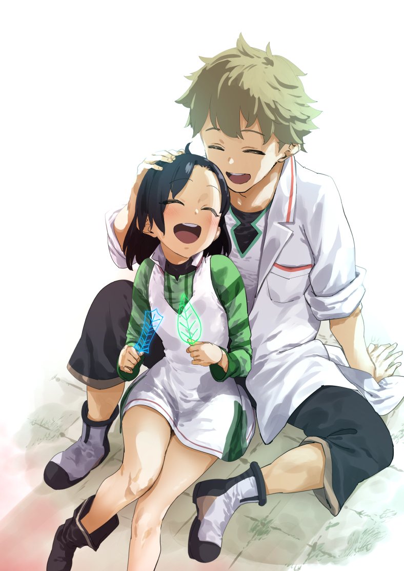 1boy 1girl arm_support black_hair blush dress green_hair hand_on_another's_head happy kemurikusa kemurikusa_(object) labcoat laughing open_mouth pija_(pianiishimo) riri_(kemurikusa) short_hair sitting sleeves_rolled_up wakaba_(kemurikusa)