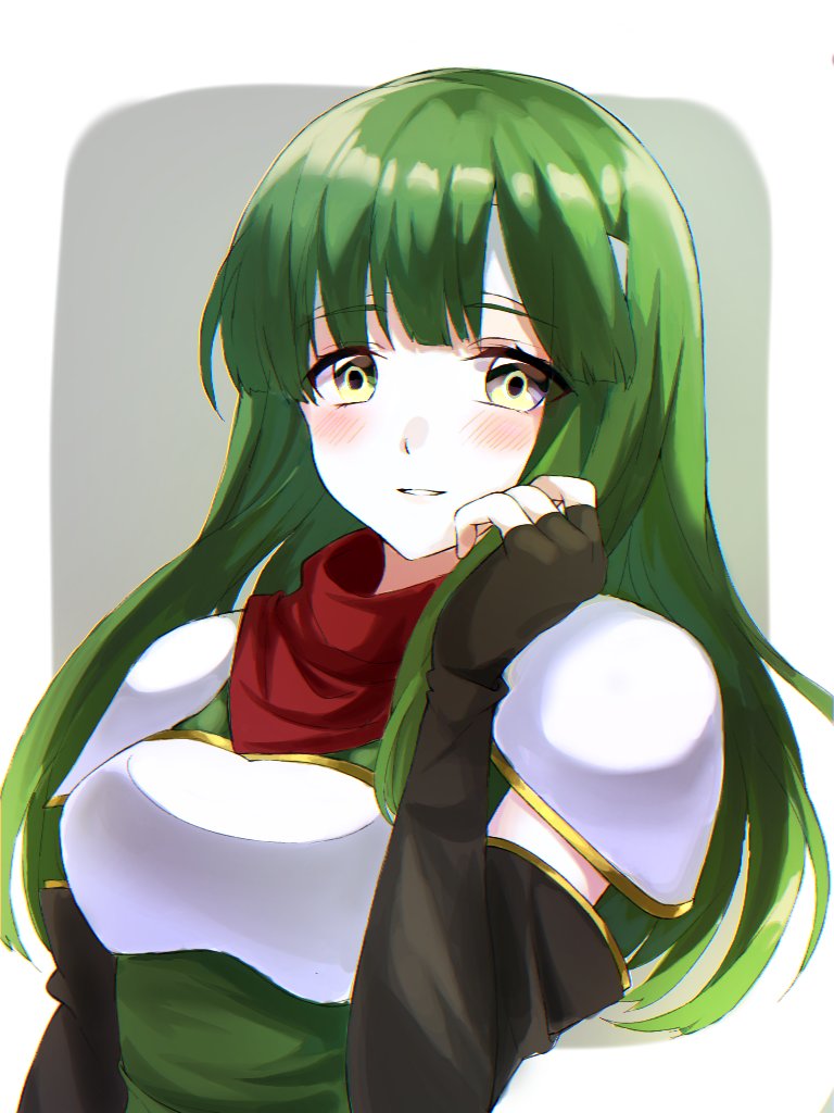 1girl aone_hiiro black_gloves blush breastplate elbow_gloves fingerless_gloves fire_emblem fire_emblem:_mystery_of_the_emblem gloves green_hair headband long_hair nintendo paola parted_lips simple_background solo upper_body white_headband yellow_eyes