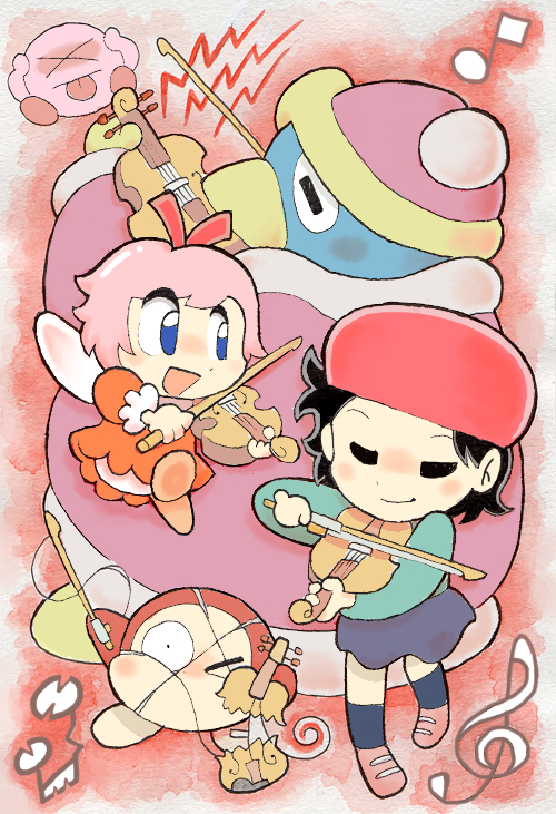 :d adeleine bound closed covering_ears eyes hal_laboratory_inc. hoshi_no_kirby hoshi_no_kirby_64 instrument king_dedede kirby kirby_(series) kirby_64 nintendo note oda_takashi open_mouth ribbon_(kirby) smile tied_up traditional_media violin waddle_dee watercolor_(medium) xp_(expression)