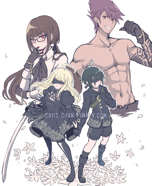 adam_(nier_automata) ahoge akamatsu_kaede alternate_costume black_blindfold black_dress black_gloves black_jacket blindfold blonde_hair blush boots breasts collarbone commentary criis-chan crossover cutout dangan_ronpa dress eve_(nier_automata) flower glasses gloves grin harukawa_maki holding holding_sword holding_weapon jacket large_breasts long_hair looking_at_viewer momota_kaito navel new_dangan_ronpa_v3 nier_(series) nier_automata red_eyes saihara_shuuichi shirt short_hair shorts simple_background smile sword thigh-highs thigh_boots topless twintails weapon white_background white_shirt yorha_no._2_type_b yorha_no._9_type_s