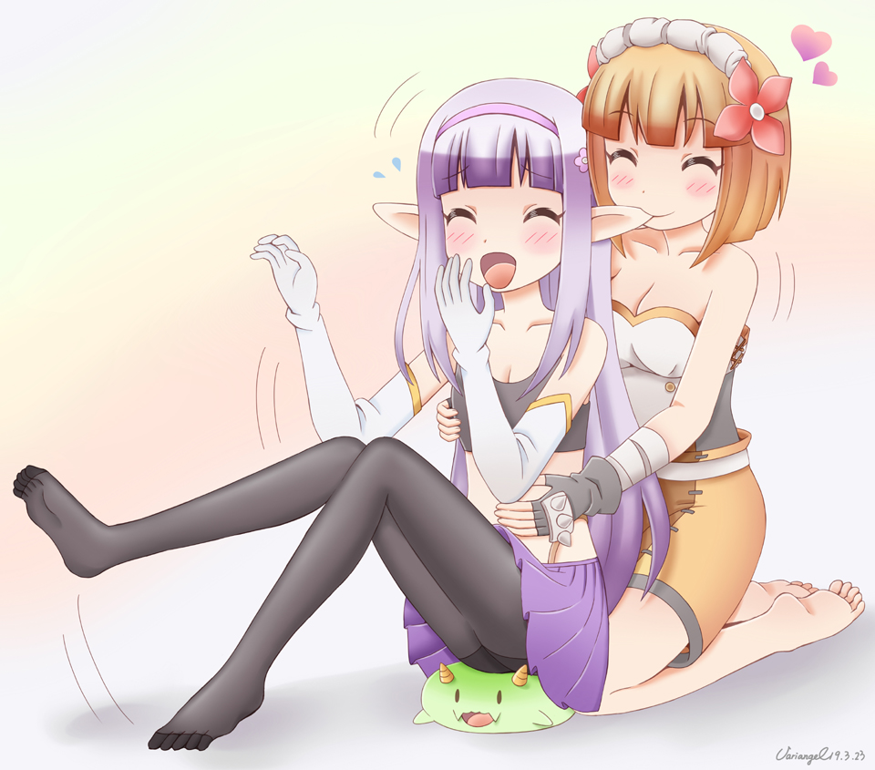 2girls biting black_legwear blonde_hair blush breasts chibi_dragon cleavage closed_eyes collarbone ear_biting elbow_gloves elf elnowar_seylan endro! fai_fai flower gloves gradient gradient_background hair_flower hair_ornament hairband medium_breasts multiple_girls open_mouth orange_background pantyhose pointy_ears purple_hair short_hair simple_background skirt small_breasts smile variangel white_gloves yuri