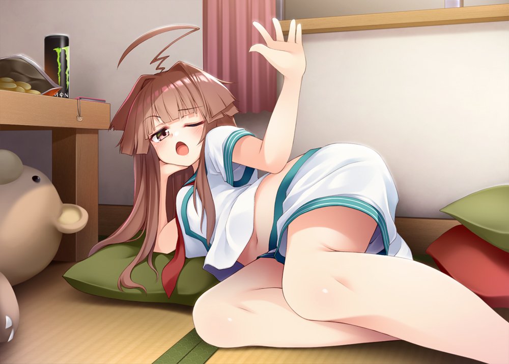 1girl ahoge barefoot brown_eyes brown_hair chestnut_mouth chips commentary_request cushion energy_drink food green_sailor_collar huge_ahoge kantai_collection kuma_(kantai_collection) long_hair looking_at_viewer lying mofu_namako monster_energy navel neckerchief on_side one_eye_closed potato_chips red_neckwear sailor_collar school_uniform serafuku short_sleeves shorts solo stuffed_animal stuffed_toy table tatami teddy_bear white_sailor_collar white_shorts window zabuton
