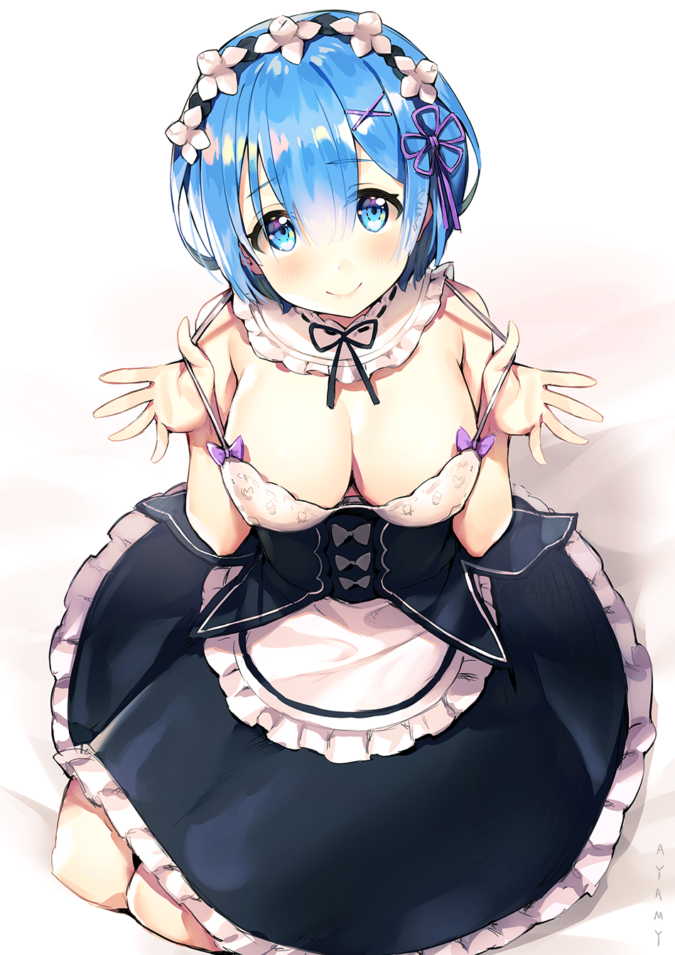 1girl apron artist_name ayamy bangs bare_arms bare_shoulders black_dress black_ribbon blue_eyes blue_hair blush breasts cleavage closed_mouth commentary_request detached_collar dress from_above hair_between_eyes hair_ornament hands_up headdress highres kneeling large_breasts looking_at_viewer looking_up maid maid_apron re:zero_kara_hajimeru_isekai_seikatsu rem_(re:zero) ribbon short_hair sidelocks smile solo strap_pull underbust waist_apron x_hair_ornament