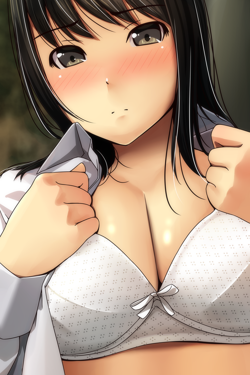 1girl bangs black_hair blurry blurry_background blush bow bow_bra bra breasts brown_eyes cleavage closed_mouth collared_shirt commentary_request depth_of_field dutch_angle eyebrows_visible_through_hair hands_up highres long_hair long_sleeves matsunaga_kouyou medium_breasts nose_blush open_clothes open_shirt original shirt solo underwear upper_body white_bra white_shirt