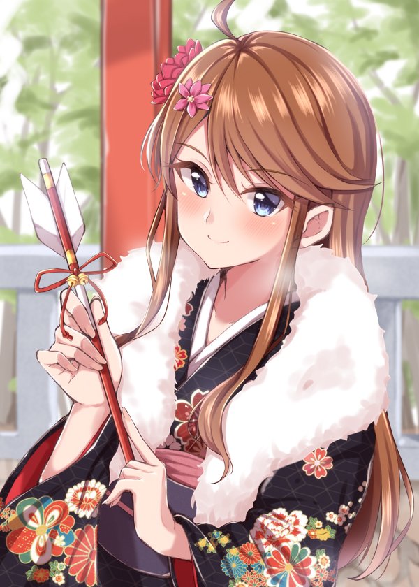 1girl ahoge arrow bell blue_eyes blush brown_hair eyebrows_visible_through_hair flower fur_trim hair_between_eyes hair_flower hair_ornament holding holding_arrow japanese_clothes jiino kimono long_hair long_sleeves looking_at_viewer original pink_flower red_flower red_ribbon ribbon scarf smile solo wide_sleeves