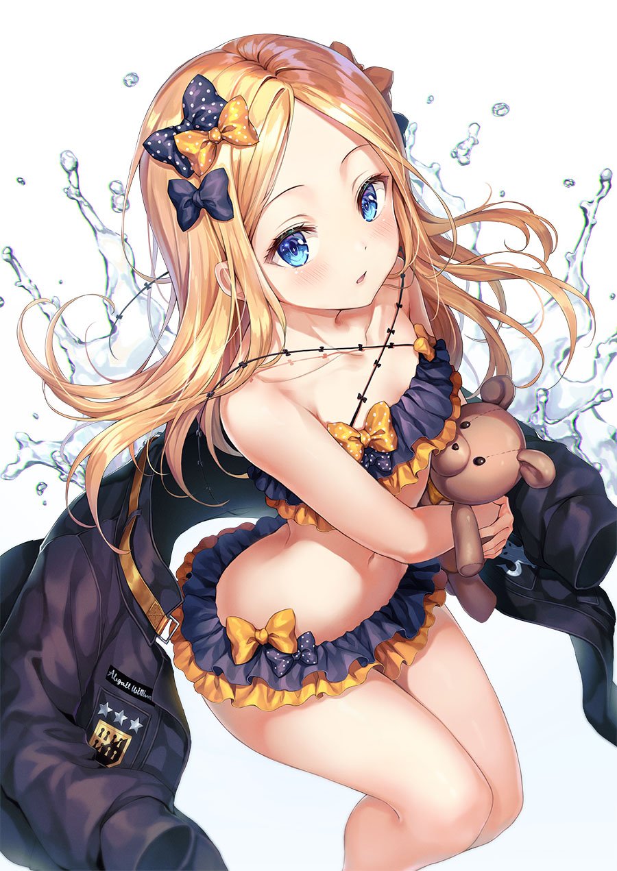 1girl abigail_williams_(fate/grand_order) bangs bare_arms bare_legs bare_shoulders bikini black_bikini black_bow black_jacket blonde_hair blue_eyes blush bow collarbone doll_hug fate/grand_order fate_(series) feet_out_of_frame floating_hair frilled_bikini frills hair_bow highres jacket jacket_removed long_hair long_sleeves looking_at_viewer navel orange_bow parted_bangs parted_lips polka_dot polka_dot_bow r_o_ha sidelocks simple_background solo star stomach stuffed_animal stuffed_toy swimsuit teddy_bear thighs water white_background