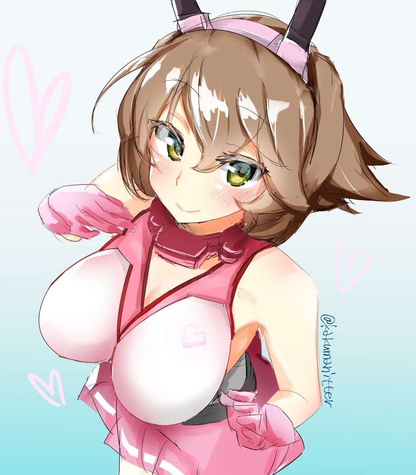 1girl alternate_color aqua_background bare_shoulders breasts brown_hair eyebrows_visible_through_hair from_above gloves gradient gradient_background green_eyes headgear heart kantai_collection large_breasts looking_at_viewer looking_up mani_oniniku miniskirt mutsu_(kantai_collection) pink_gloves pink_skirt player_2 short_hair simple_background skirt smile solo twitter_username white_background