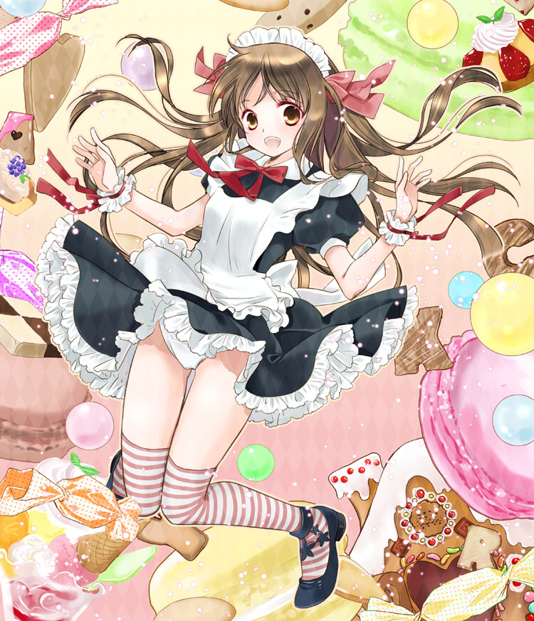 1girl :d apron black_footwear black_shirt black_skirt bow brown_hair eyebrows_visible_through_hair floating_hair food frilled_apron frilled_skirt frills full_body hair_bow jumping long_hair looking_at_viewer macaron maid maid_headdress medium_skirt neck_ribbon open_mouth original panties pantyshot_(jumping) red_bow red_ribbon ribbon sakuragi_akira shirt short_sleeves skirt skirt_lift smile solo striped striped_legwear thigh-highs underwear very_long_hair white_apron white_panties wrist_cuffs