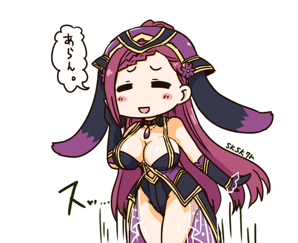 1girl animal_ears artist_name black_gloves breasts cleavage closed_eyes fake_animal_ears fire_emblem fire_emblem_heroes gloves hat large_breasts loki_(fire_emblem_heroes) long_hair nintendo open_mouth purple_hair rabbit_ears simple_background sksk7r solo white_background