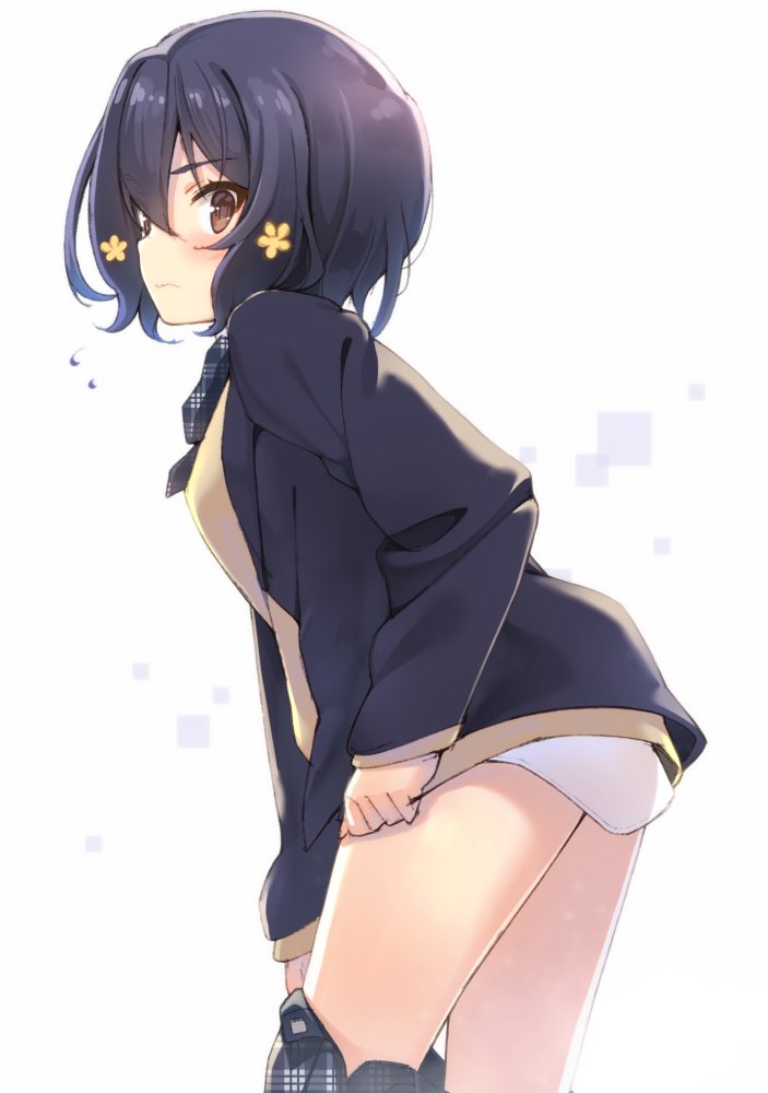 1girl bangs black_hair black_jacket blush breasts commentary_request eyebrows_visible_through_hair feet_out_of_frame flower from_side hair_between_eyes hair_flower hair_ornament jacket jacket_pull long_sleeves looking_at_viewer medium_breasts mizuno_ai osa_(osaosa) red_eyes short_hair simple_background skirt solo standing sweater wavy_mouth white_background yellow_sweater zombie_land_saga