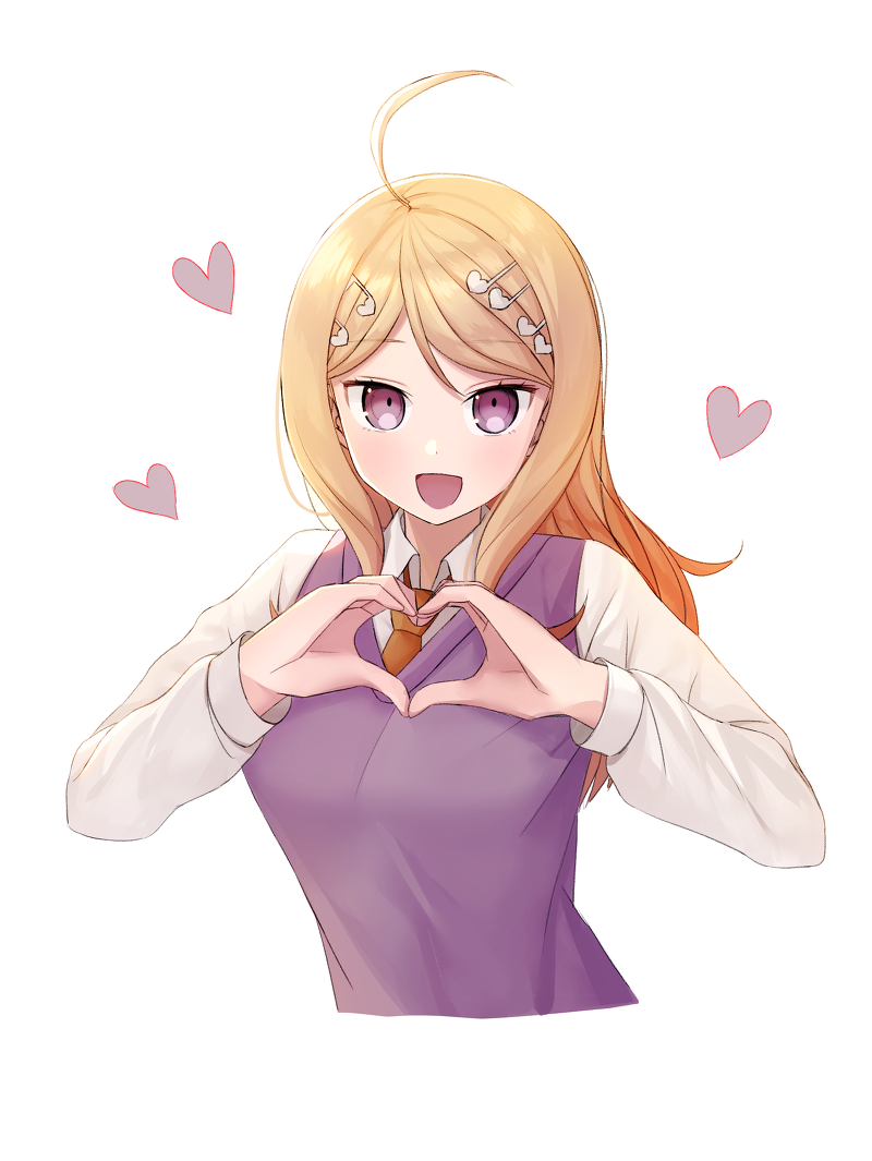 1girl :d ahoge akamatsu_kaede blonde_hair breasts dangan_ronpa dot_nose eighth_note eyebrows_visible_through_hair finger_heart hair_ornament heart long_hair looking_at_viewer musical_note musical_note_hair_ornament necktie new_dangan_ronpa_v3 open_mouth orange_neckwear pink_heart pink_sweater_vest school_uniform shirt simple_background smile solo ssumbi sweater_vest upper_body violet_eyes white_background white_shirt