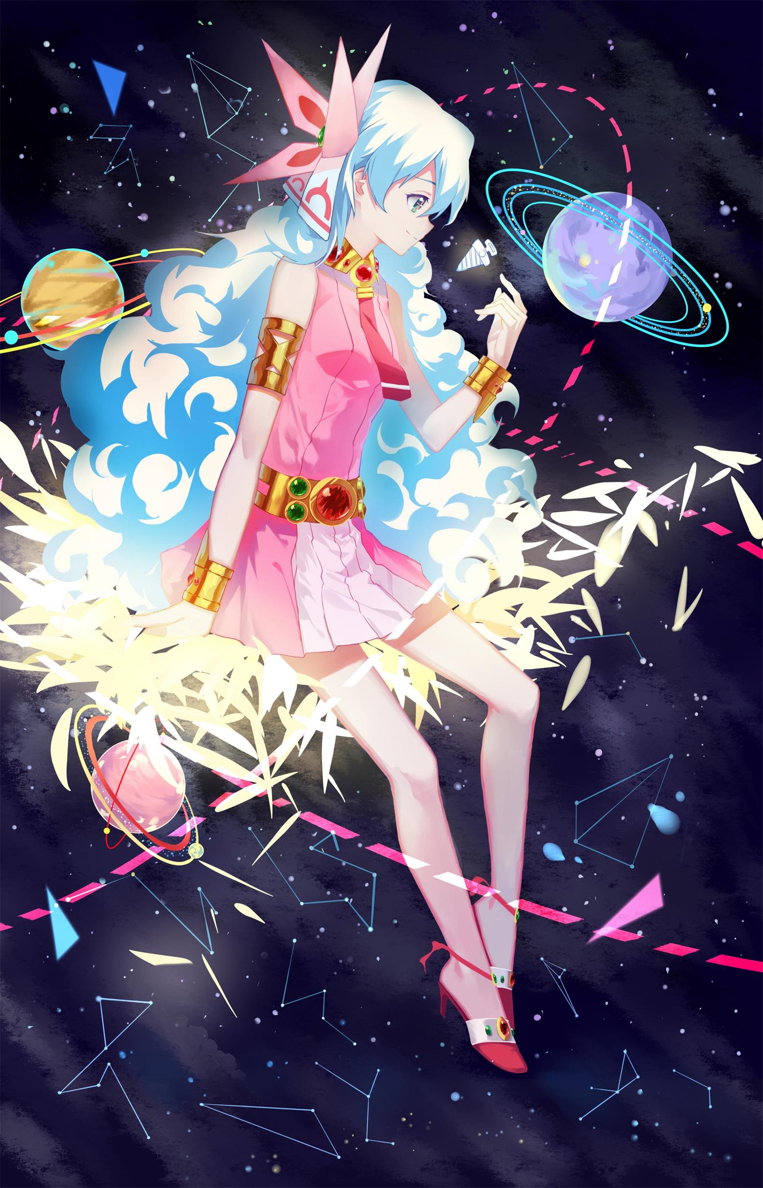 1girl absurdres blue_hair breasts constellation_print dress erlge from_side green_eyes highres long_hair necktie nia_teppelin pink_dress planet pleated_dress profile pumps red_footwear red_neckwear short_dress sky sleeveless sleeveless_dress small_breasts smile solo star_(sky) starry_sky tengen_toppa_gurren_lagann very_long_hair