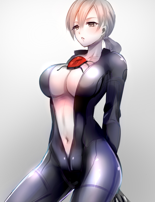 1girl blonde_hair blue_eyes blush bodysuit breasts cleavage gloves jewelry jill_valentine large_breasts long_hair nagare ponytail resident_evil resident_evil_5 simple_background solo white_background