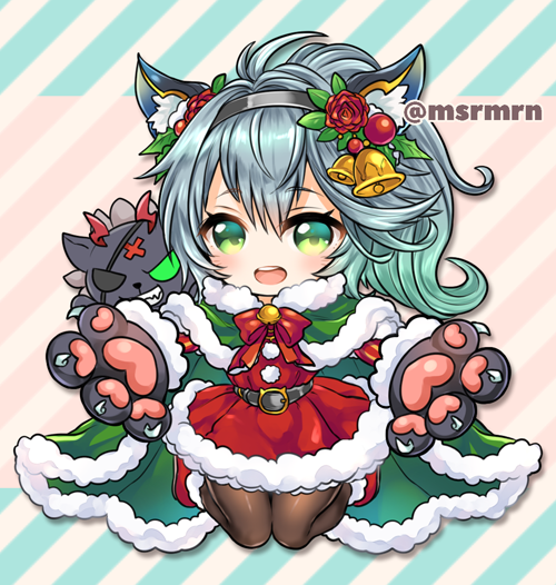 1girl :d animal_ear_fluff animal_ears bangs bell black_gloves black_hairband blush brown_legwear chibi cloak commentary_request diagonal-striped_background diagonal_stripes dress eyebrows_visible_through_hair eyepatch flower full_body fur-trimmed_cloak fur-trimmed_dress fur-trimmed_gloves fur_trim gloves gradient_hair green_cloak green_eyes green_hair grey_hair grin hair_between_eyes hair_flower hair_ornament hairband marshmallow_mille multicolored_hair open_mouth pantyhose paw_gloves paws puzzle_&amp;_dragons red_dress red_flower red_footwear red_rose romia_(p&amp;d) rose round_teeth santa_costume smile solo striped striped_background teeth twitter_username upper_teeth