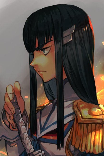 1girl bangs black_hair blue_eyes epaulettes fire hankuri high_collar junketsu kamui_(kill_la_kill) kill_la_kill kiryuuin_satsuki long_hair portrait profile school_uniform serious solo sword weapon