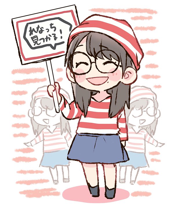 1girl :d ^_^ akb48 bangs black_hair black_legwear blue_skirt blush chibi closed_eyes closed_eyes commentary_request cosplay glasses holding holding_sign katou_rena long_hair long_sleeves mole mole_under_mouth multiple_views open_mouth real_life round_eyewear shirt sign skirt smile standing striped striped_background striped_hat striped_shirt taneda_yuuta wally wally_(cosplay) where's_wally