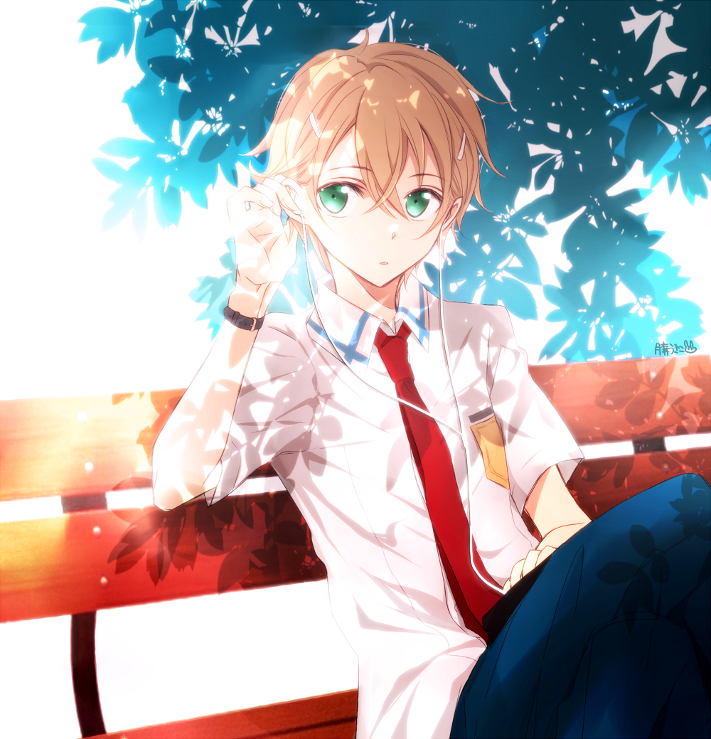 1boy bench blonde_hair blue_legwear day earphones eugeo eyebrows_visible_through_hair green_eyes necktie outdoors pants red_neckwear school_uniform shirt short_hair short_sleeves sitting solo sword_art_online translation_request tsukimori_usako watch watch white_shirt