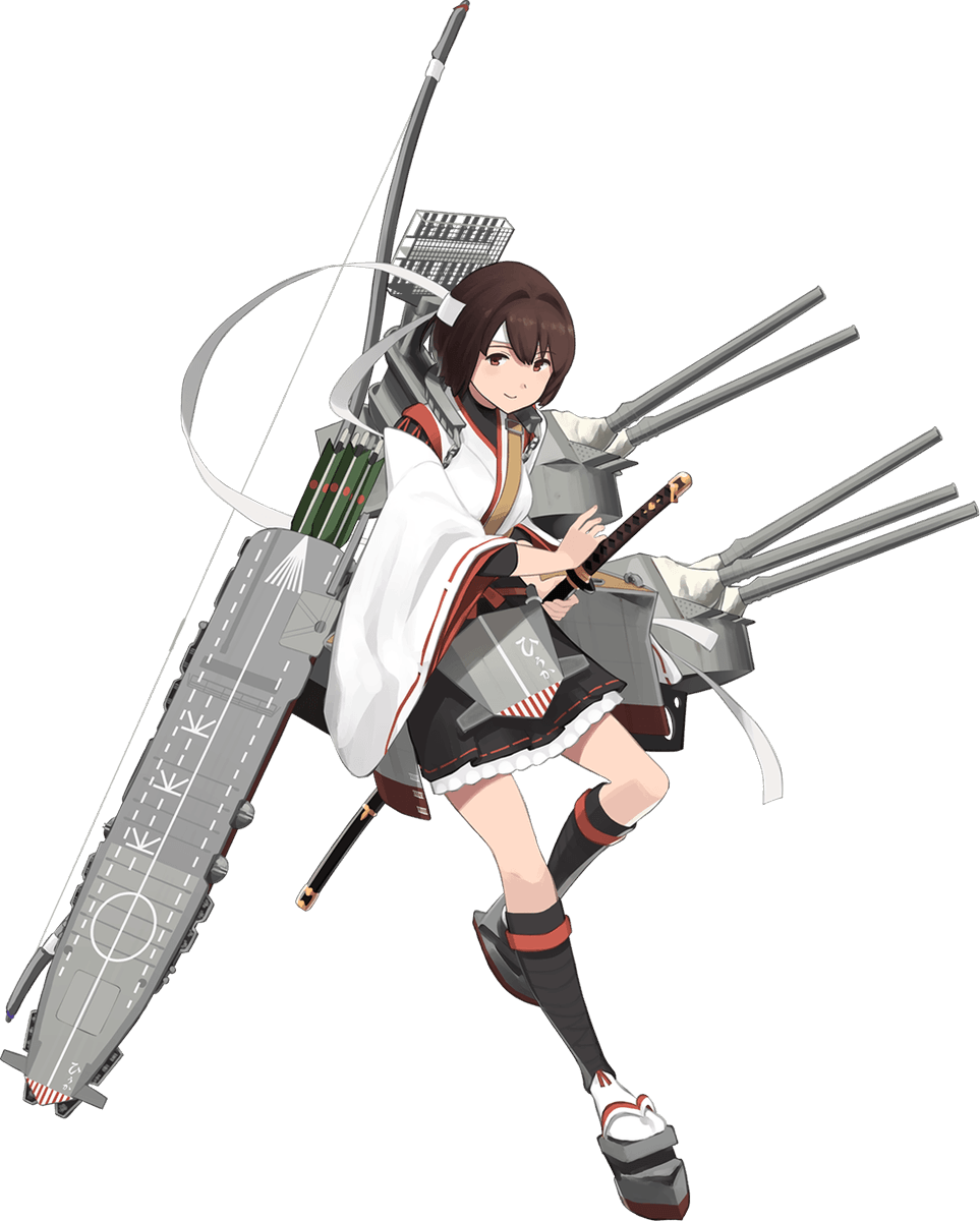 1girl bodysuit bow_(weapon) brown_eyes brown_hair cannon flight_deck full_body hair_ribbon highres hyuuga_(kantai_collection) japanese_clothes kantai_collection katana kneehighs machinery nontraditional_miko official_art remodel_(kantai_collection) ribbon rigging sandals sash shibafu_(glock23) short_hair skin_tight solo sword transparent_background turret weapon