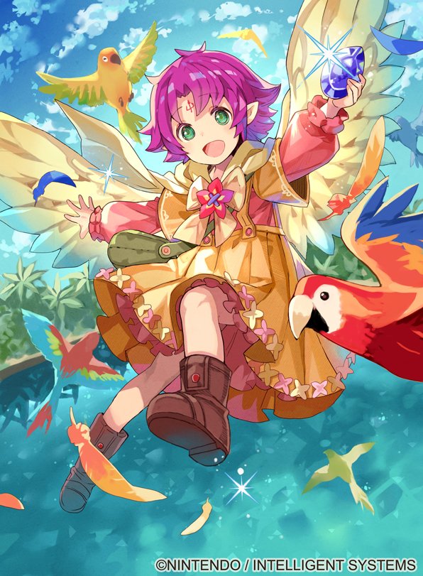 1girl bird blue_sky boots clouds company_name copyright_name day dress fa facial_mark feathered_wings feathers fire_emblem fire_emblem:_fuuin_no_tsurugi fire_emblem_cipher forehead_mark full_body green_eyes holding long_sleeves mamkute nintendo official_art open_mouth outdoors pointy_ears purple_hair short_hair sky solo stone tobi_(kotetsu) water wings