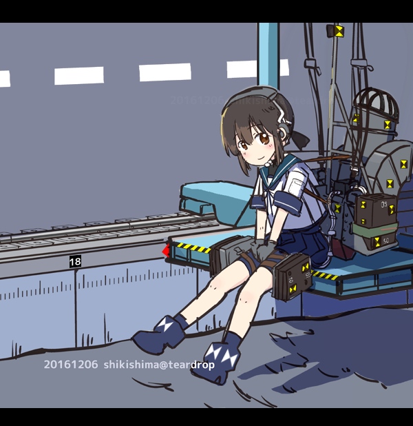 1girl artist_name bangs blue_footwear blue_neckwear blue_sailor_collar blue_shorts blue_skirt blunt_bangs boots brown_eyes brown_hair commentary_request dated eyebrows_visible_through_hair fubuki_(kantai_collection) full_body gloves grey_gloves headgear indoors kantai_collection letterboxed looking_at_viewer machinery pleated_skirt rigging sailor_collar school_uniform serafuku shadow shikishima_fugen shirt short_hair short_ponytail shorts shorts_under_skirt sidelocks sitting skirt smile solo thigh_strap v_arms watermark white_shirt