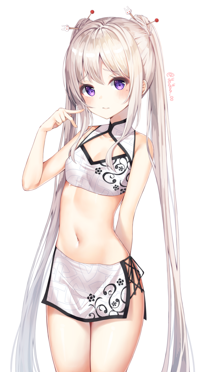 1girl bangs bare_arms bare_shoulders blush breasts chinese_clothes cleavage closed_mouth collarbone cowboy_shot crop_top hair_ornament hand_up highres inhoya2000 long_hair looking_at_viewer maplestory midriff mole mole_under_eye navel orchid_(maplestory) pelvic_curtain sidelocks silver_hair simple_background sleeveless small_breasts solo standing stomach thighs twintails twitter_username very_long_hair violet_eyes white_background
