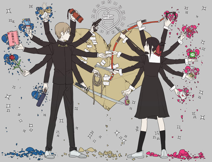 1boy 1girl animal_ears arare_(araremode) black_hair bow bow_(weapon) brown_hair cat_ears drawing_bow dynamite extra_arms fake_animal_ears flat_color flower gakuran grey_background gun hair_bow heart icon kaguya-sama_wa_kokurasetai_~tensai-tachi_no_renai_zunousen~ letter line_(naver) long_skirt love_letter pleated_skirt poison red_bow rose schedule school_uniform shinomiya_kaguya shirogane_miyuki simple_background skirt sparkle sword ticket weapon