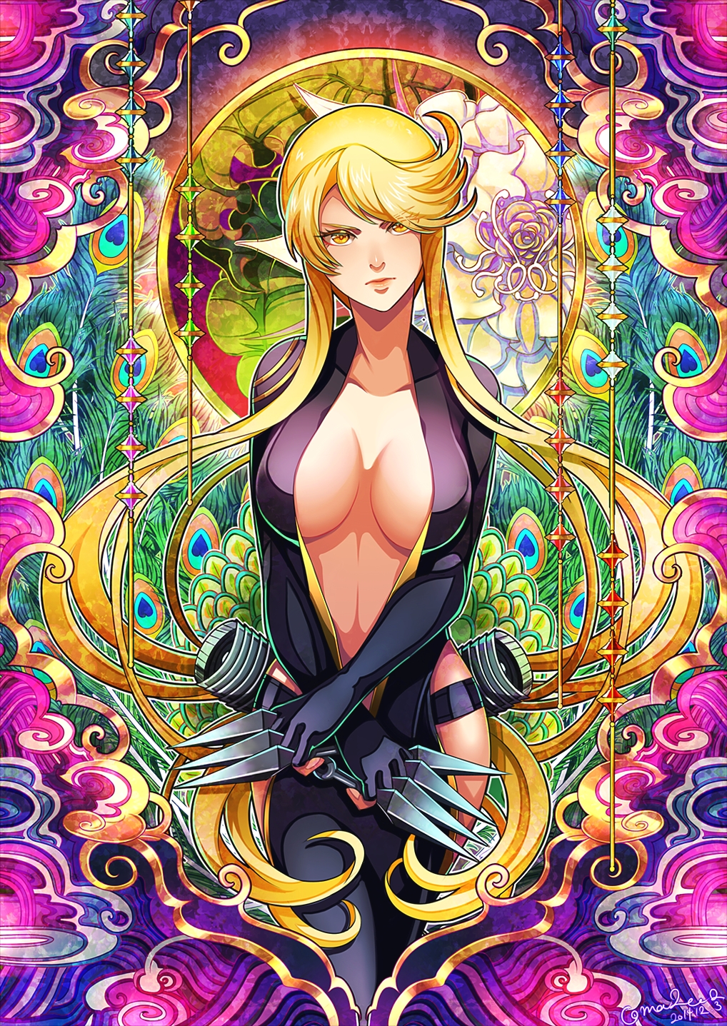 1girl artist_request bare_hips blonde_hair blush bodysuit breasts center_opening cleavage fingerless_gloves fishnets gloves highres kasuga_(sengoku_basara) large_breasts long_hair navel ninja sengoku_basara solo very_long_hair weapon yellow_eyes