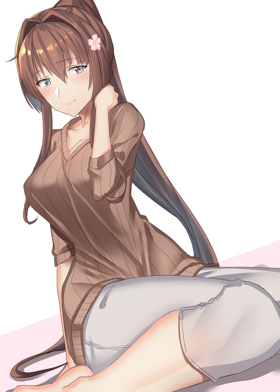 1girl blush breasts brown_eyes brown_hair brown_sweater casual closed_mouth collarbone flower hair_flower hair_intakes hair_ornament highres kantai_collection large_breasts long_hair looking_at_viewer pallad pants ponytail shiny shiny_hair sidelocks simple_background smile solo sweater twisted_torso two-tone_background very_long_hair white_background white_pants yamato_(kantai_collection)