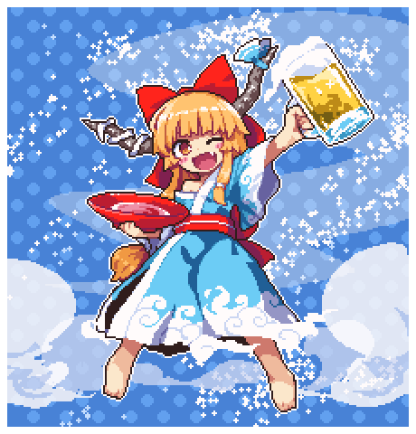 1girl ;d alcohol alternate_costume arm_up bangs bare_shoulders barefoot beer_mug blue_background blue_kimono blue_ribbon bow cloud_print commentary_request cup fang full_body hair_bow holding holding_cup horn_ribbon horns ibuki_suika japanese_clothes kimono kumamoto_(bbtonhk2) long_hair looking_at_viewer low-tied_long_hair lowres obi off_shoulder one_eye_closed oni oni_horns open_mouth orange_eyes orange_hair outline pixel_art polka_dot polka_dot_background red_bow red_sash ribbon sakazuki sake sash sidelocks smile solo sparkle touhou very_long_hair white_outline