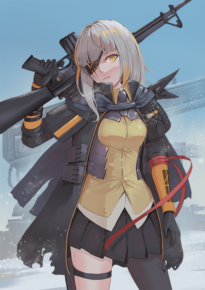 1girl artist_request assault_rifle asymmetrical_legwear cannon eyepatch girls_frontline gloves gun jacket m16 m16a1_(girls_frontline) m16a1_(girls_frontline)_(boss) magazine_(weapon) rifle sangvis_ferri scar scar_across_eye shirt snowing solo thigh-highs weapon white_hair yellow_eyes