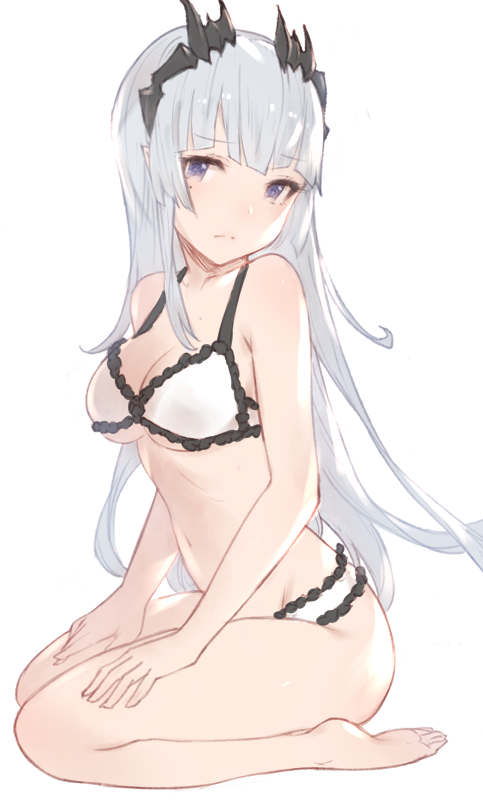 1girl bare_arms bare_legs bare_shoulders barefoot bra breasts cleavage closed_mouth collarbone feet full_body hair_ornament hanarito hands_on_own_thighs honey_strap large_breasts long_hair looking_at_viewer mole mole_under_eye navel panties seiza silver_hair simple_background sitting solo sougetsu_eli stomach thighs underwear underwear_only violet_eyes virtual_youtuber white_background white_bra white_panties