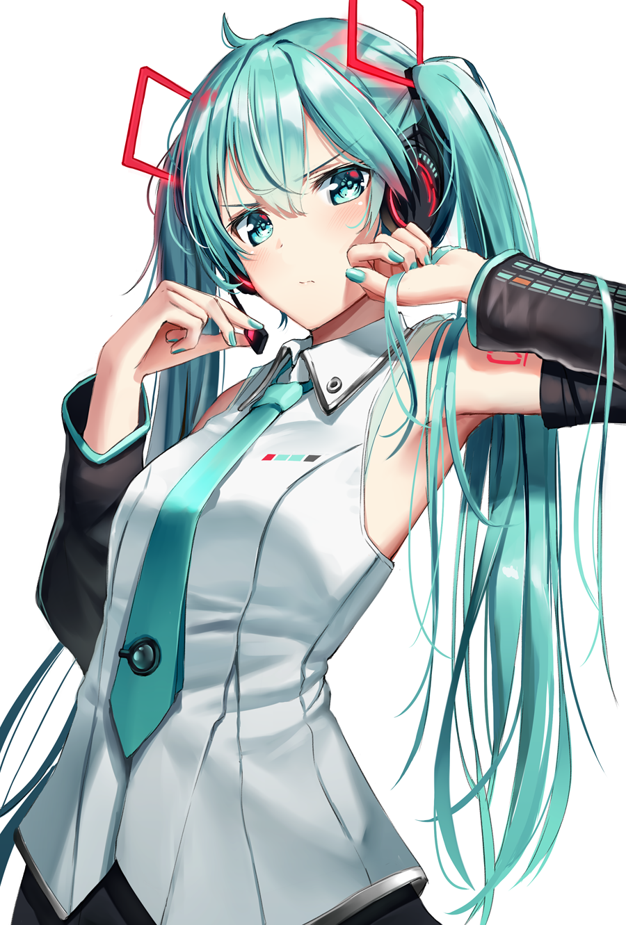 1girl aqua_eyes aqua_hair aqua_nails aqua_neckwear armpits bare_shoulders black_skirt blush closed_mouth detached_sleeves eyebrows_visible_through_hair frown grey_shirt hair_ornament hatsune_miku headset highres long_hair long_sleeves looking_at_viewer nail_polish necktie pouty_lips shirt simple_background skirt solo superpig twintails upper_body v-shaped_eyebrows very_long_hair vocaloid white_background wing_collar