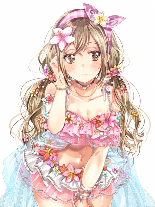 1girl bang_dream! bangs bikini_skirt blonde_hair blue_flower blush bracelet breasts choker cleavage collarbone commentary_request cowboy_shot crossed_bangs flower frilled_bikini_top frown hair_flower hair_ornament hair_ribbon hair_tucking hairband ichigaya_arisa ito22oji jewelry leaning_forward long_hair navel necklace pink_flower pink_ribbon plaid plaid_ribbon purple_flower red_flower ribbon sidelocks simple_background solo twintails white_background white_ribbon wrist_ribbon yellow_eyes yellow_flower