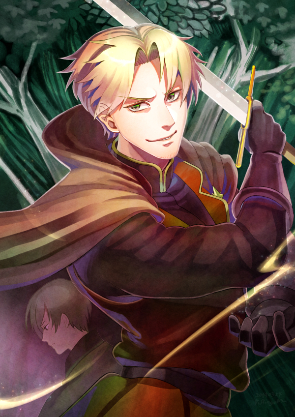 2boys blonde_hair brown_cape brown_eyes brown_gloves cape day dylan_the_island_king ethan_the_exiled_hero facial_hair forest gloves holding holding_sword holding_weapon looking_at_viewer male_focus mizuki_apple multiple_boys nature outdoors pixiv_fantasia pixiv_fantasia_last_saga profile smirk stubble sword upper_body weapon