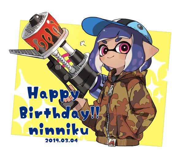 1girl 2019 baseball_cap blue_hair camouflage camouflage_jacket closed_mouth dark_blue_hair dark_skin dated hand_in_pocket happy_birthday hat holding hood hood_down hooded_jacket inkling jacket long_sleeves maco_spl pink_eyes pointy_ears range_blaster_(splatoon) short_hair smile solo splatoon splatoon_(series) splatoon_2 tentacle_hair zipper_pull_tab