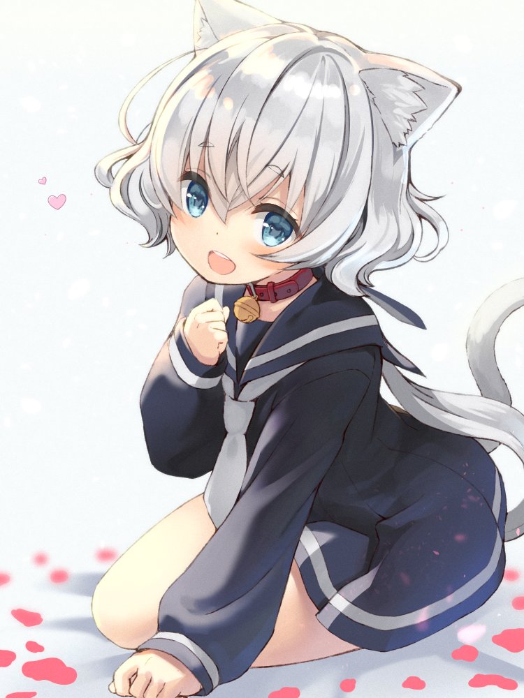 1girl animal_ears bell bell_collar blue_eyes blush cat_ears collar commentary_request dot_nose eyebrows_visible_through_hair hair_between_eyes hair_ornament hair_ribbon hand_on_ground heart kneeling konno_junko long_hair long_sleeves looking_at_viewer open_mouth osa_(osaosa) pink_collar pink_heart ribbon school_uniform simple_background solo upper_teeth white_background zombie_land_saga