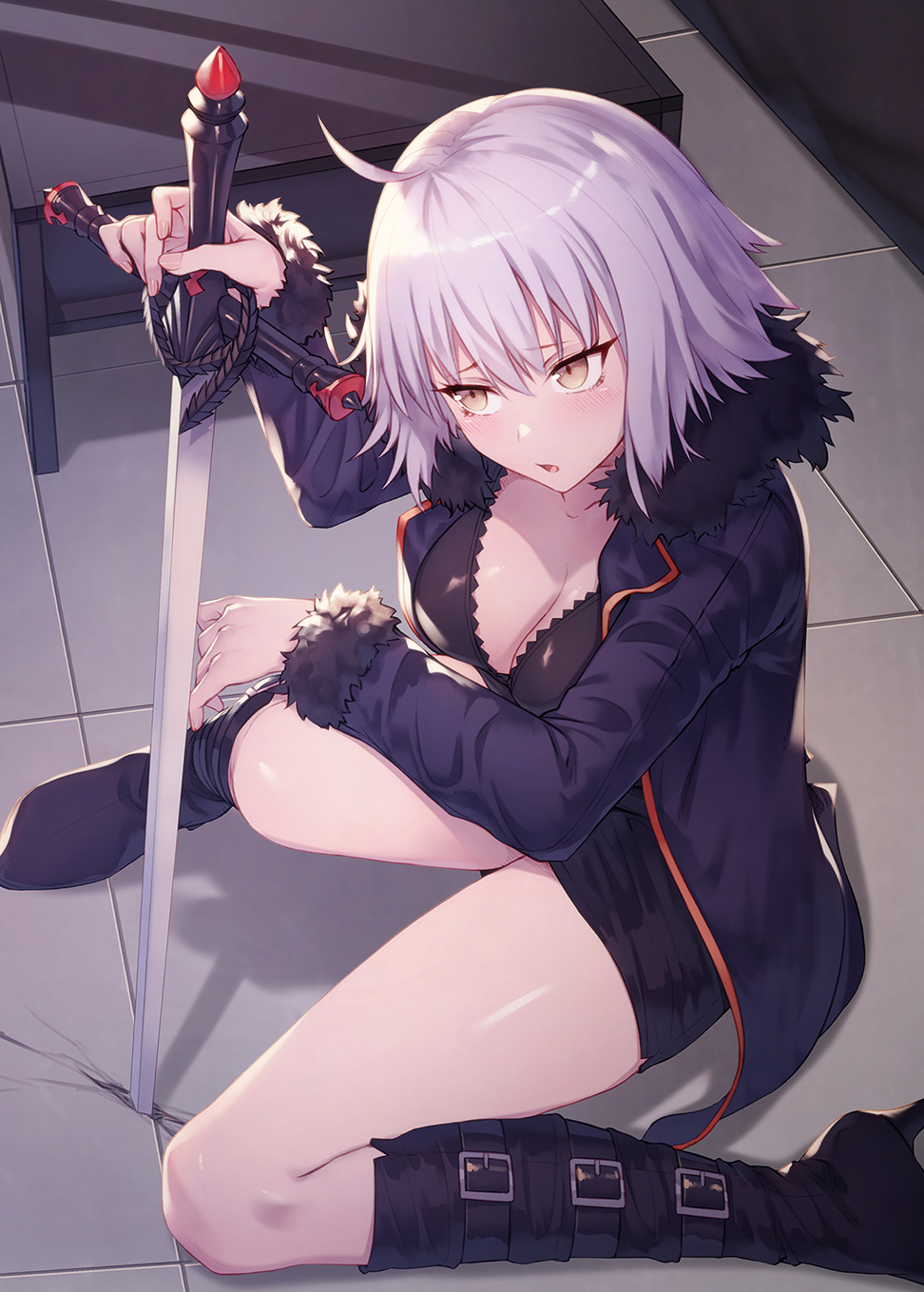 1girl ahoge arm_up bangs black_dress black_footwear blue_jacket blush boots breasts brown_eyes cleavage commentary_request dress fate/grand_order fate_(series) feet_out_of_frame from_above fur-trimmed_sleeves fur_trim hair_between_eyes high_heel_boots high_heels highres holding holding_sword holding_weapon ibuki_notsu indoors jacket jeanne_d'arc_(alter)_(fate) jeanne_d'arc_(fate)_(all) large_breasts long_sleeves open_clothes open_jacket parted_lips planted_sword planted_weapon shadow short_dress short_hair silver_hair sitting solo sword table thighs tsurime weapon wicked_dragon_witch_ver._shinjuku_1999