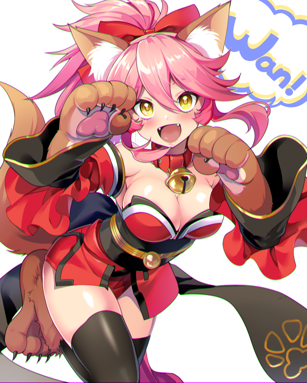 1girl :d animal_ears bell bell_collar black_legwear blush bow breasts brown_footwear brown_gloves cleavage collar fangs fate/grand_order fate_(series) floating_hair fox_ears fox_tail gloves hair_between_eyes hair_bow hakka_(88hk88) highres japanese_clothes kimono large_breasts leg_up looking_at_viewer obi open_mouth paw_gloves paw_shoes paws pink_hair ponytail red_bow red_kimono sash shoes short_kimono sleeveless sleeveless_kimono smile solo standing standing_on_one_leg tail tamamo_(fate)_(all) thigh-highs thought_bubble white_background yellow_eyes zettai_ryouiki