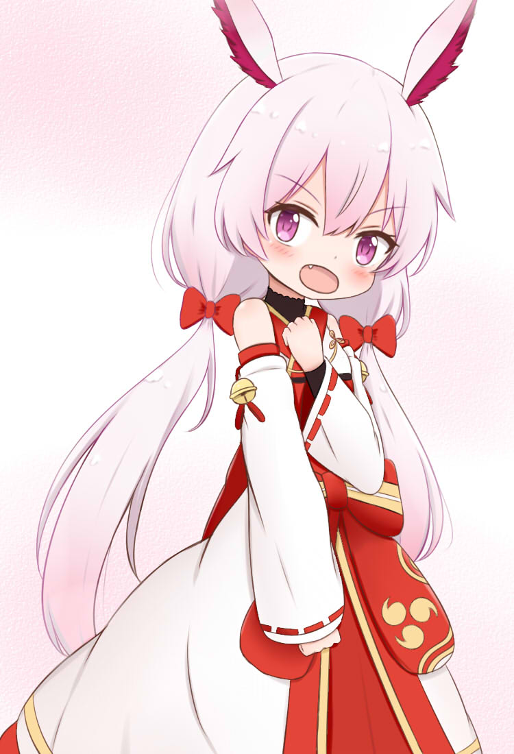 1girl animal_ears bangs bare_shoulders blush bow commentary_request detached_sleeves eyebrows_visible_through_hair fang gradient_hair hair_between_eyes hair_bow head_tilt honkai_(series) honkai_impact_3 japanese_clothes jiu_(sdesd3205) kimono long_hair long_sleeves looking_at_viewer low_twintails multicolored_hair open_mouth pink_hair red_bow ribbon-trimmed_sleeves ribbon_trim silver_hair sleeveless sleeveless_kimono sleeves_past_wrists solo theresa_apocalypse twintails v-shaped_eyebrows very_long_hair violet_eyes white_kimono white_sleeves wide_sleeves