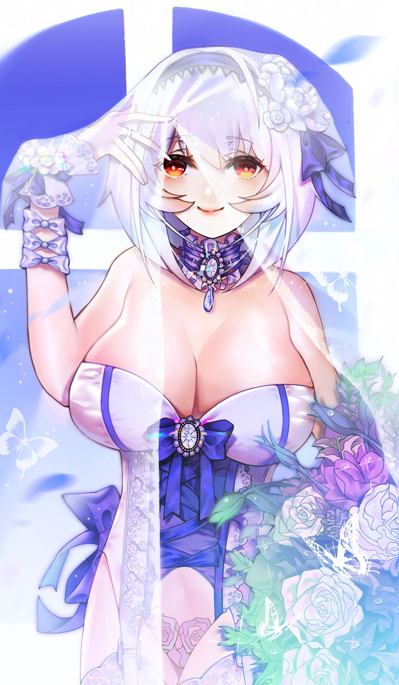 1girl alternate_costume azur_lane bangs bare_shoulders bouquet bow breasts bridal_veil cleavage detached_collar dress flower garter_straps hair_between_eyes hair_flower hair_ornament hairband highres lace lace-trimmed_hairband large_breasts lingerie looking_at_viewer red_eyes short_hair silver_hair sirius_(azur_lane) smile thigh-highs underwear veil vv_(19357635) wedding_dress